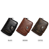 Vintage Waxed PU Leather Card Holder Wallet, Snap Button Zipper Coin Purse, Multi-Card Slot Mini Credit Card Case for Men and Women (Brown)