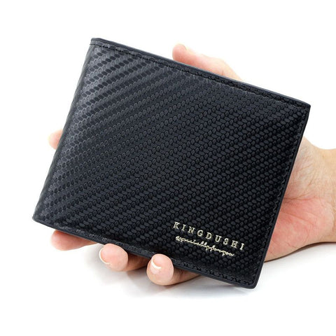 Men's Short Bifold Carbon Fiber Texture PU Wallet, Multi-Card Slot Purse with Zipper Coin Pocket & ID Photo Window for Daily Use (Black)
