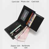 Men's Short Bifold Carbon Fiber Texture PU Wallet, Multi-Card Slot Purse with Zipper Coin Pocket & ID Photo Window for Daily Use (Dark Brown)