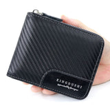 Full-Zip Carbon Fiber PU Wallet for Men, Multi-Card Slot Snap Coin Purse with ID Photo Window - Black