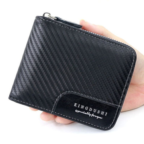 Full-Zip Carbon Fiber PU Wallet for Men, Multi-Card Slot Snap Coin Purse with ID Photo Window - Black