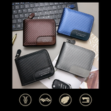 Full-Zip Carbon Fiber PU Wallet for Men, Multi-Card Slot Snap Coin Purse with ID Photo Window - Black