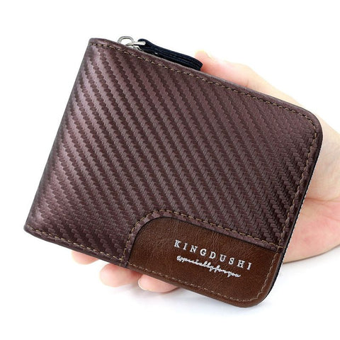 Full-Zip Carbon Fiber PU Wallet for Men, Multi-Card Slot Snap Coin Purse with ID Photo Window - Dark Brown