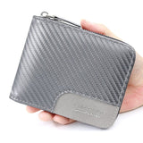 Full-Zip Carbon Fiber PU Wallet for Men, Multi-Card Slot Snap Coin Purse with ID Photo Window - Silver