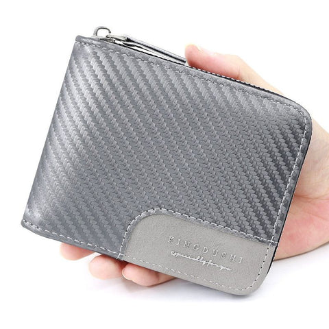 Full-Zip Carbon Fiber PU Wallet for Men, Multi-Card Slot Snap Coin Purse with ID Photo Window - Silver