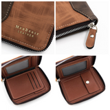 Two-tone Patchwork PU Zip-Around Short Wallet for Men, Embossed Letter Multi-Card Slot Purse with Dual Coin Pockets & ID Photo Slot (Dark Brown)
