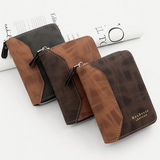 Two-tone Patchwork PU Zip-Around Short Wallet for Men, Embossed Letter Multi-Card Slot Purse with Dual Coin Pockets & ID Photo Slot (Dark Brown)