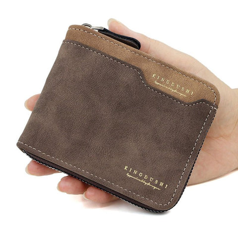 Men's Tri-fold Zip-Around Wallet, PU Leather Purse with Snap Coin Pocket & ID Photo Slot, Multi-Card Slots Business Casual Short Billfold (Dark Brown)