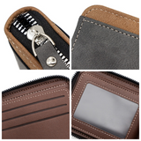 Men's Tri-fold Zip-Around Wallet, PU Leather Purse with Snap Coin Pocket & ID Photo Slot, Multi-Card Slots Business Casual Short Billfold (Dark Brown)