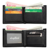 Men's Bifold Embossed PU Wallet, Multi-Card Slots, Dual-Zipper Coin Pocket with ID Window, Business Casual Short Billfold (Black)