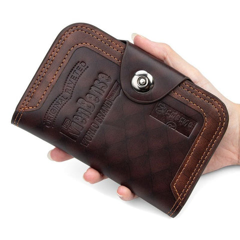 Vintage Patchwork Snap-Closure Vertical Wallet for Men, PU Leather Wallet with 13 Card Slots, Zippered Coin Pocket, and ID Window (Dark Brown)