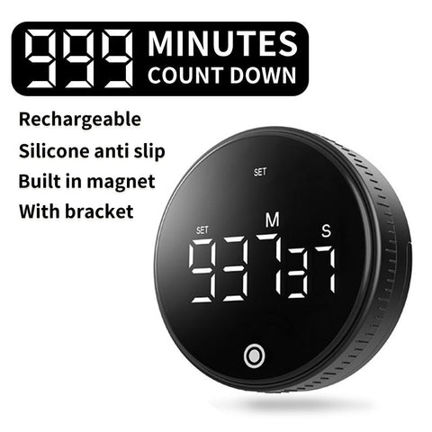 Rotating Digital Kitchen Timer, 999-Minute LED Display Timer with Magnetic Back & Stand, Type-C, for Studying and Exercising—Black