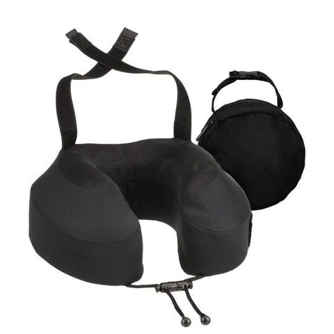 Memory Foam U-Shaped Neck Pillow, Adjustable with Strap & Storage Bag for Travel, Airplane, Car, Office, and Theater Use – Black