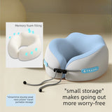 Memory Foam Travel Neck Pillow, U-Shaped Pillow with Ice Silk Cover, Adjustable Lock, and Storage Case for Airplane, Car, Office - Blue