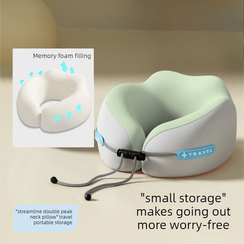 Memory Foam Travel Neck Pillow, U-Shaped Pillow with Ice Silk Cover, Adjustable Lock, and Storage Case for Airplane, Car, Office - Green