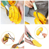 Stainless Steel Mango Cutter 3-Piece Set, Multi-Function Mango Core Remover & Dicer Kitchen Tool—Green
