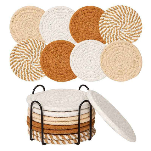 INS Style Round Cotton Woven Heat-Resistant Coasters, 8-Piece Set of Thick Table Pot Mats with Free Iron Storage Rack—White-Brown