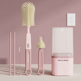 6-in-1 Portable Silicone Bottle Brush Set with Drying Storage Box, All-Purpose Cleaner for Baby Bottles, Nipples, and Straw Cups—Pink