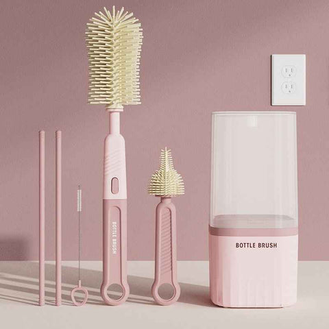 6-in-1 Portable Silicone Bottle Brush Set with Drying Storage Box, All-Purpose Cleaner for Baby Bottles, Nipples, and Straw Cups—Pink