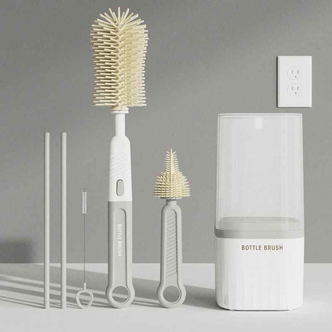6-in-1 Portable Silicone Bottle Brush Set with Drying Storage Box, All-Purpose Cleaner for Baby Bottles, Nipples, and Straw Cups - Gray