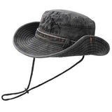 Vintage Washed Embroidered Bucket Hat, Wide-Brimmed Sun Hat with Drawstring for Hiking and Outdoor Activities—Black In Australia - Darrahopens
