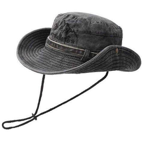 Vintage Washed Embroidered Bucket Hat, Wide-Brimmed Sun Hat with Drawstring for Hiking and Outdoor Activities—Black In Australia - Darrahopens