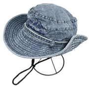 Vintage Washed Embroidered Bucket Hat, Wide-Brim Sun Hat with Drawstring for Hiking and Outdoor Activities - Blue In Australia - Darrahopens
