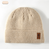 Double Fleece-Lined Vertical Stripe Knit Beanie, Unisex Thick Warm Winter Outdoor Cold-Proof Wool Hat—Beige