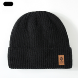 Double Fleece-Lined Vertical Stripe Knit Beanie, Unisex Thick Warm Winter Outdoor Cold-Proof Wool Hat—Black
