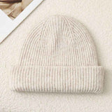 Solid Color Knit Beanie, Unisex Minimal Cuffed Warm Winter Hat with Slim Face Design - Beige