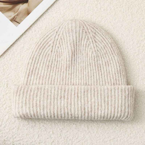 Solid Color Knit Beanie, Unisex Minimal Cuffed Warm Winter Hat with Slim Face Design - Beige