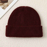 Solid Color Knit Beanie, Unisex Minimal Cuffed Warm Winter Hat with Slim Face Design—Red