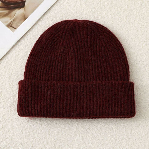Solid Color Knit Beanie, Unisex Minimal Cuffed Warm Winter Hat with Slim Face Design—Red