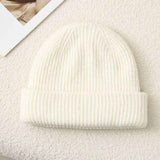 Solid Color Knit Beanie, Unisex Minimal Cuffed Warm Winter Hat with Slim Face Design—White