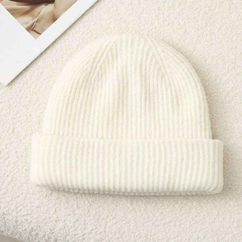 Solid Color Knit Beanie, Unisex Minimal Cuffed Warm Winter Hat with Slim Face Design—White
