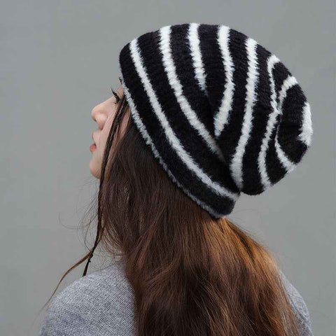 Vintage Stripe Fluffy Knit Beanie, Unisex Slouchy Warm Striped Winter Hat with Slim Face Design—Black In Australia - Darrahopens