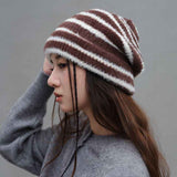Vintage Stripe Fluffy Knit Beanie, Unisex Slouchy Warm Striped Winter Hat with Slim Face Design - Brown In Australia - Darrahopens