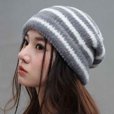 Vintage Stripe Fluffy Knit Beanie, Unisex Slouchy Warm Striped Winter Hat with Slim Face Design—Gray In Australia - Darrahopens
