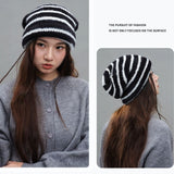 Vintage Stripe Fluffy Knit Beanie, Unisex Slouchy Warm Striped Winter Hat with Slim Face Design—Khaki