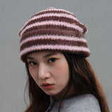 Vintage Stripe Fluffy Knit Beanie, Unisex Slouchy Warm Striped Winter Hat with Slim Face Design - Pink In Australia - Darrahopens