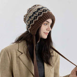 Vintage Ethnic Jacquard Knit Hat with Tie, Warm Winter Slouchy Beanie for Large Head Circumference, Unisex—Black In Australia - Darrahopens