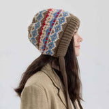 Vintage Ethnic Jacquard Knit Hat with Tie, Warm Winter Slouchy Beanie for Large Head Circumference, Unisex—Blue In Australia - Darrahopens