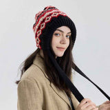 Vintage Ethnic Jacquard Knit Hat with Tie, Warm Winter Slouchy Beanie for Large Head Circumference, Unisex—Blue In Australia - Darrahopens