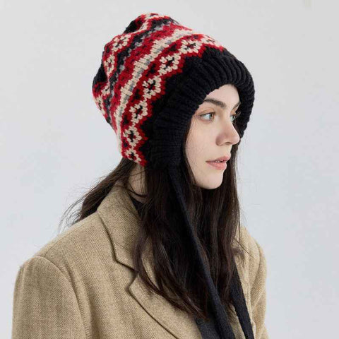 Vintage Ethnic Jacquard Knit Hat with Tie, Warm Winter Slouchy Beanie for Large Head Circumference, Unisex - Red In Australia - Darrahopens