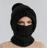 Integrated Knit Hat, Women's Windproof Warm Pom-Pom Hat with Face Cover & Neck Warmer for Winter Cycling - Black In Australia - Darrahopens