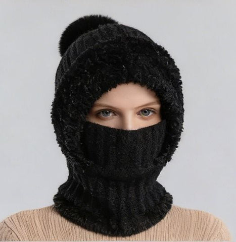 Integrated Knit Hat, Women's Windproof Warm Pom-Pom Hat with Face Cover & Neck Warmer for Winter Cycling - Black In Australia - Darrahopens