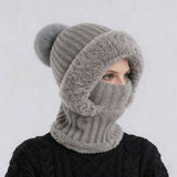 Integrated Knit Hat, Women's Windproof Warm Pom-Pom Hat with Face Cover & Neck Warmer for Winter Cycling - Gray In Australia - Darrahopens