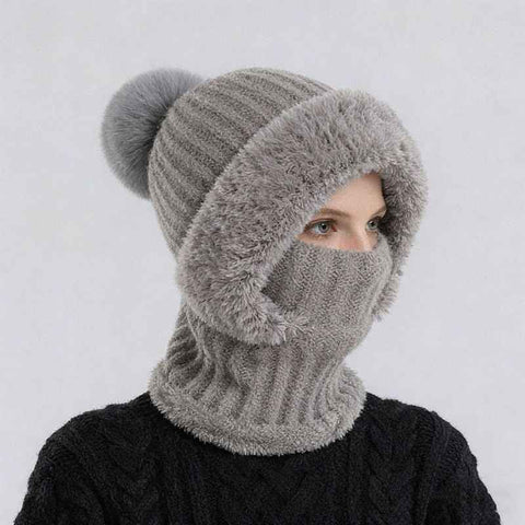 Integrated Knit Hat, Women's Windproof Warm Pom-Pom Hat with Face Cover & Neck Warmer for Winter Cycling - Gray In Australia - Darrahopens