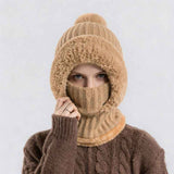 Integrated Knit Hat, Women's Windproof Warm Pom-Pom Hat with Face Cover & Neck Warmer for Winter Cycling - Khaki In Australia - Darrahopens