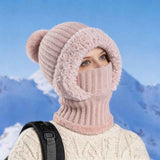 Integrated Knit Hat, Women's Windproof Warm Pom-Pom Hat with Face Cover & Neck Warmer for Winter Cycling - Pink In Australia - Darrahopens